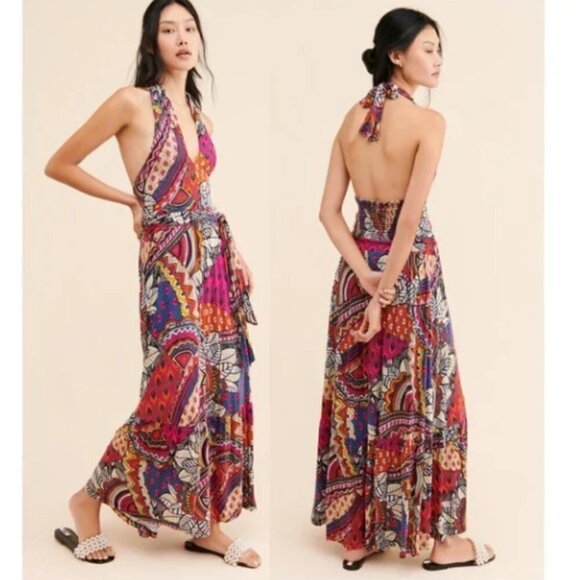 NEW Anthropologie Maeve Cynthia Halter Maxi Dress Abstract Printed Multi Color - Picture 1 of 9